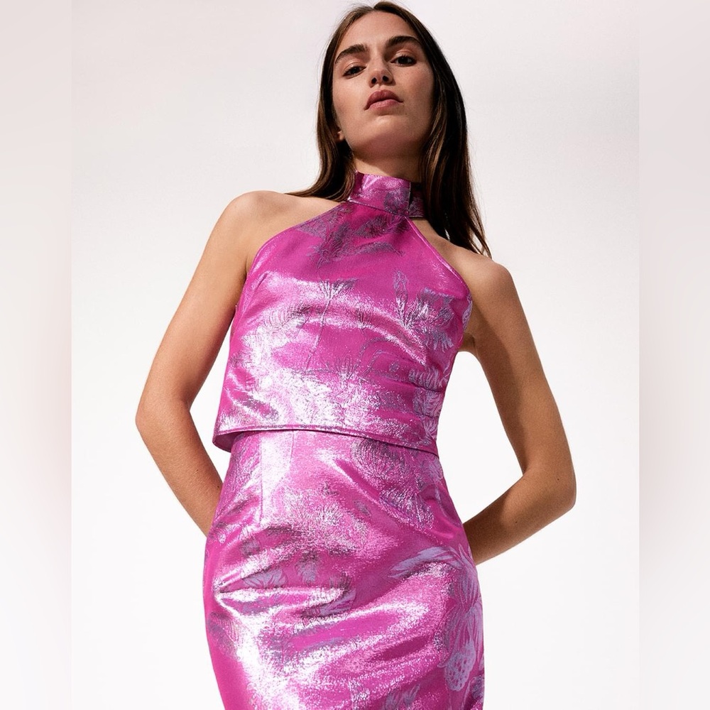 Scanlan Theodore purple tinsel floral skirt and halter top co-ord set